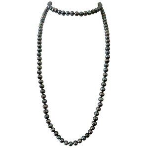 14K Yellow Gold Clasp Gray Peacock Fresh Water Knotted Pearls Strand 27"L, E864